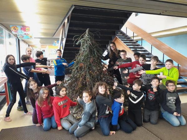 Le ragazze e i ragazzi della classe 5C della Scuola elementare di Losone di fronte all'albero di Natale realizzato da loro.